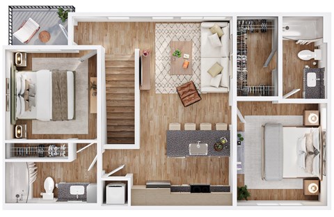 A top-down view of a small apartment layout with a kitchen, living room, and bathroom.